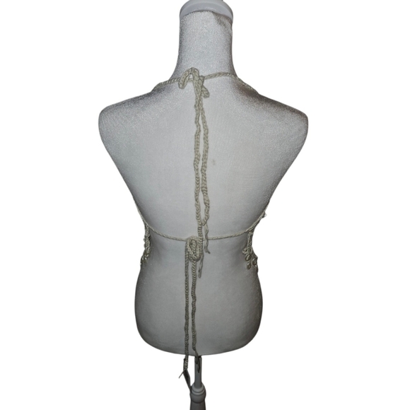 Hand Crafted Tan Crop-Top Fishnet triangular Design Hand Knit Crochet Swim Cover - Picture 6 of 17